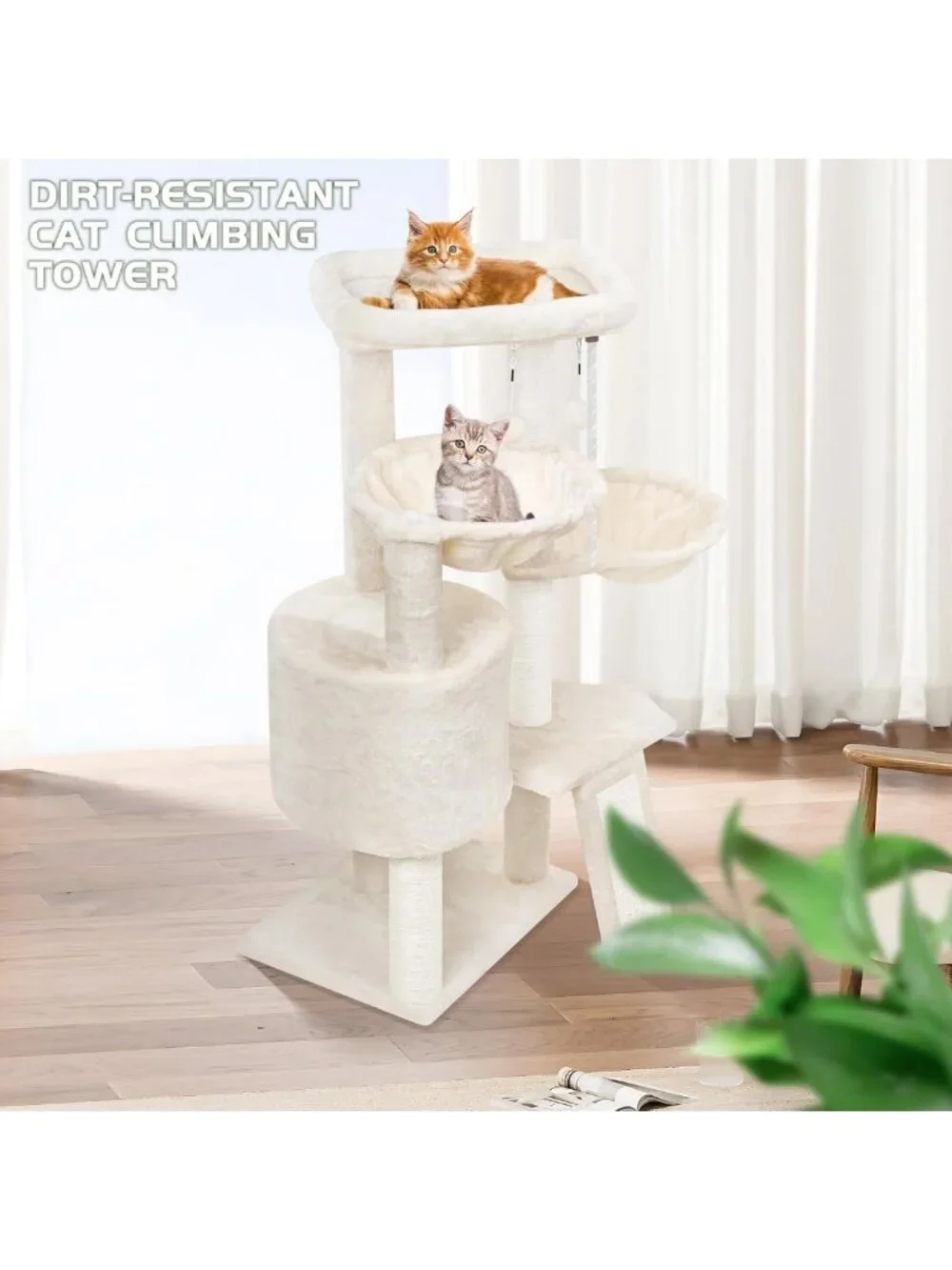 Cozy Three-Layer Cat Tree with Condo, Scratch Pad & Two Hammocks - Beige